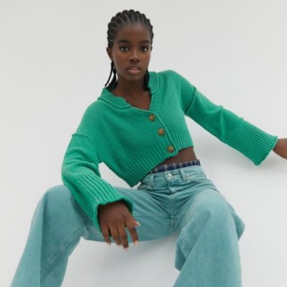 BDG Vernon Cropped Cardigan In Green - Picture 1 of 2